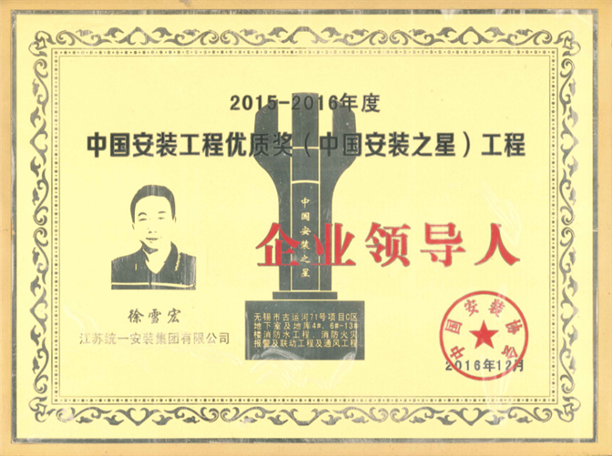 2015-2016年度中國安裝工程優質獎（中國安裝之星）工程企業領導人（古運河項目2016.12）