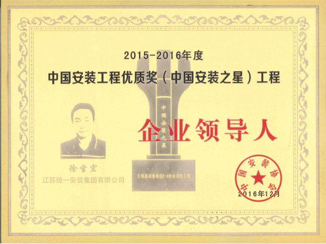 2015-2016年度中國安裝工程優質獎（中國安裝之星）工程企業領導人（2016.12）